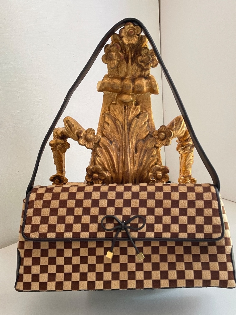 Vintage Checkerboard Baguette Shoulder Bag Brown Bow Purse Y2K Twee Indie Preppy